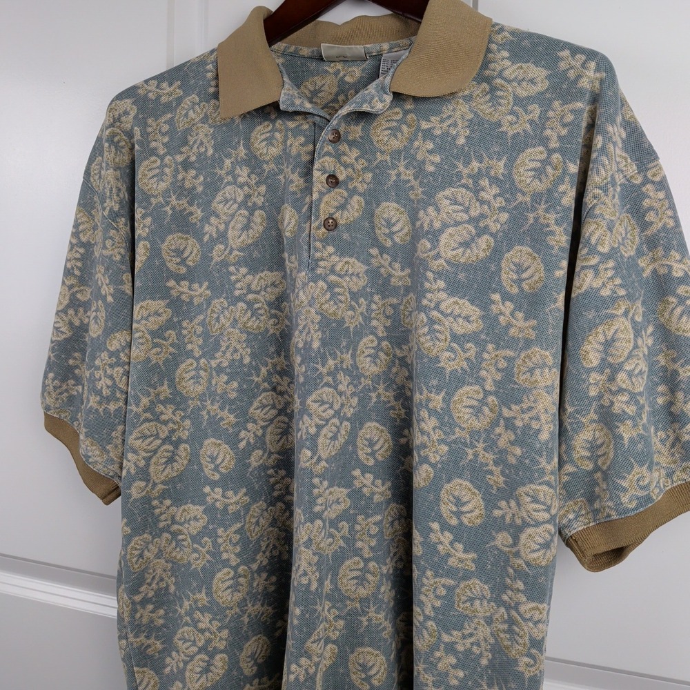 Bugle Boy Company Mens XL Blue Tan Floral Leaf Polo Shirt Short Sleeve Vintage